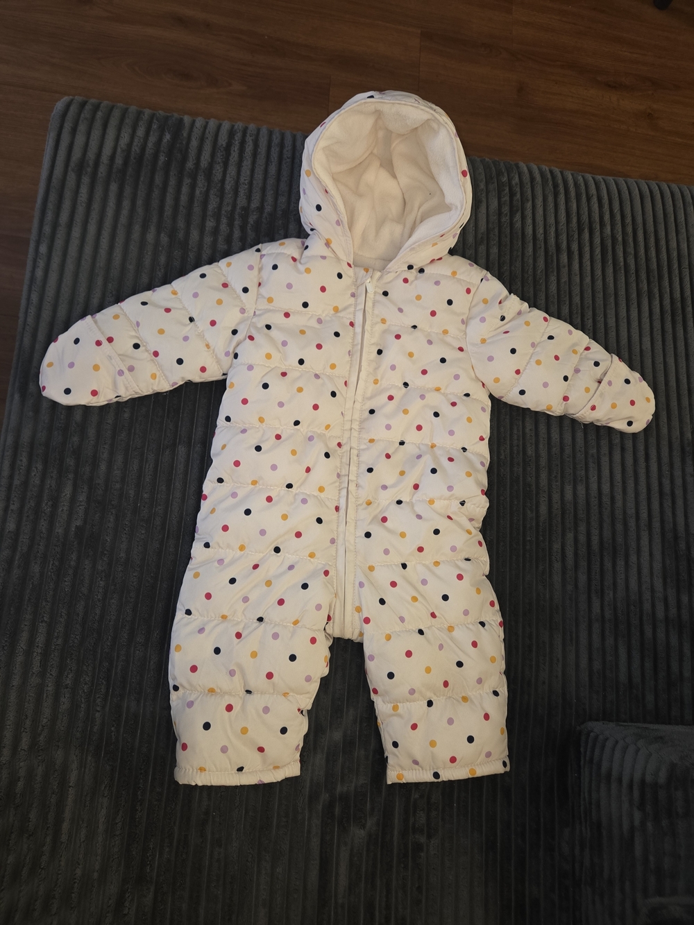 Old Navy White Hooded One-Piece Snowsuit with Multicolor Polka Dots